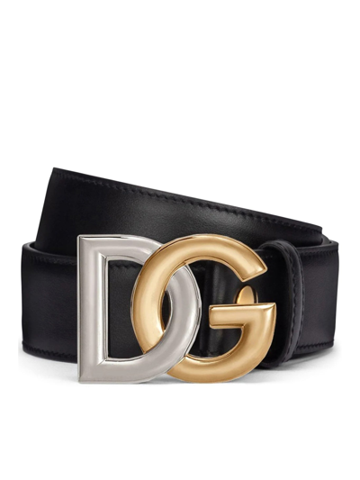 Dolce & Gabbana Calfskin Belt With Double-plated Dg Logo In Black