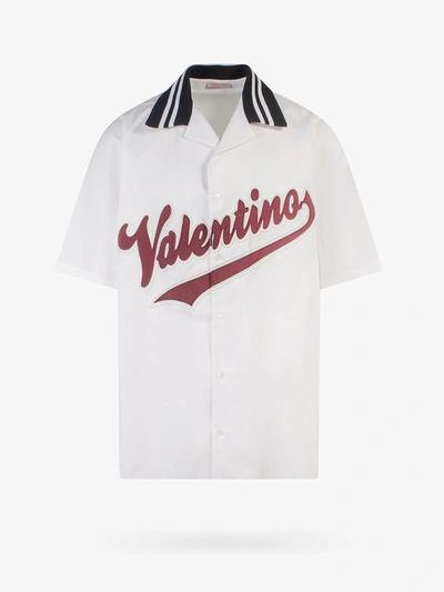 Valentino Brand-embroidered Striped-trim Relaxed-fit Cotton Shirt In White/blue/maroon