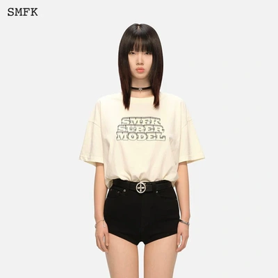 Smfk Women Oversized Model Vintage Tee In White