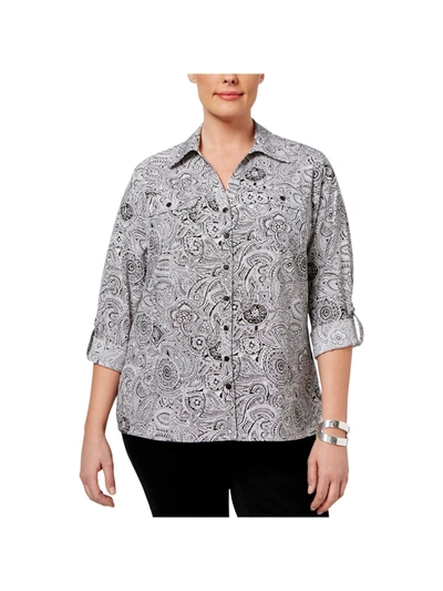 NY COLLECTION PLUS WOMENS PRINTED UTILITY BUTTON-DOWN TOP