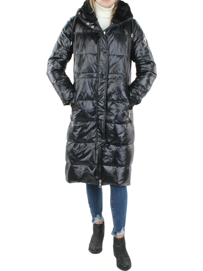 Vince Camuto Womens Faux Fur Water Resistant Puffer Jacket In Blue