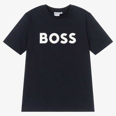 Hugo Boss Boss Teen Boys Blue Cotton Logo T-shirt In Black