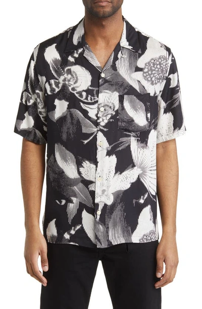 Allsaints Frequency Floral Short Sleeve Button-up Camp Shirt In Jet Black