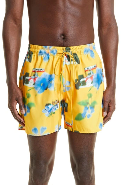 Rhude Straight-leg Mid-length Printed Swim Shorts In Yellow