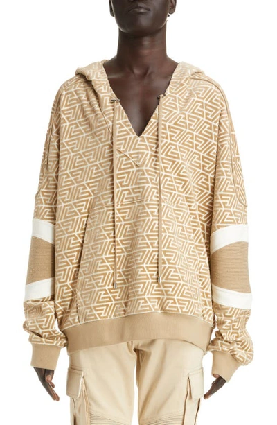 Balmain Monogram-print Striped-edge Hoodie In Neutrals