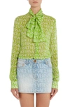 Versace Pussy-bow Logo-print Blouse In Green/ White