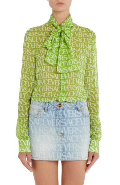 Versace Pussy-bow Logo-print Blouse In Green White