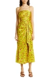 Cinq À Sept Cinq A Sept Provence Katz Ruched Floral Print Satin Midi Dress In Pomelo Multi