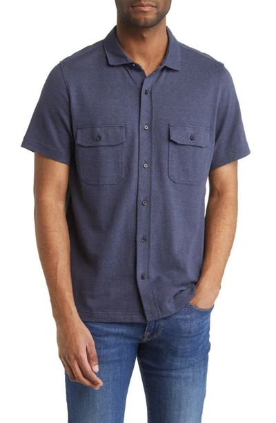 Billy Reid Hemp & Cotton Knit Short Sleeve Button-up Shirt In Navy