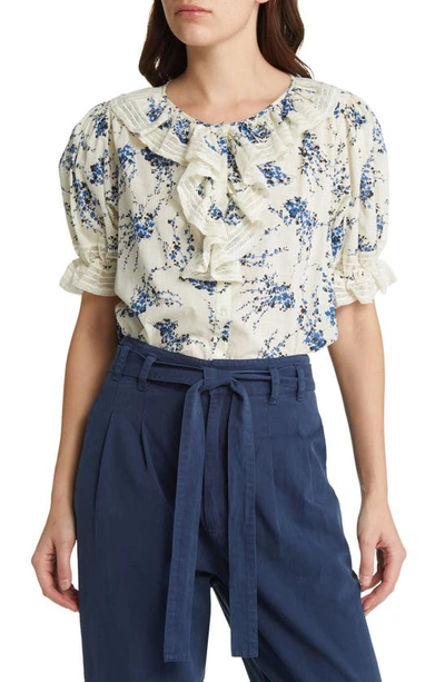 The Great Floral-print Short-sleeve Blouse In Ivory/ Blue Jasmine Floral