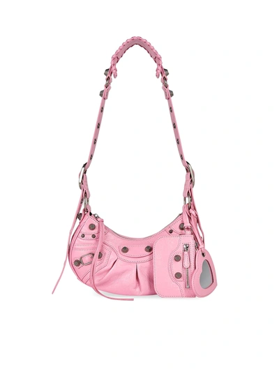 Balenciaga Le Cagole Xs Shoulder Bag In Light Pink Arena Lambskin, Aged Silver Hardware In Nude & Neutrals