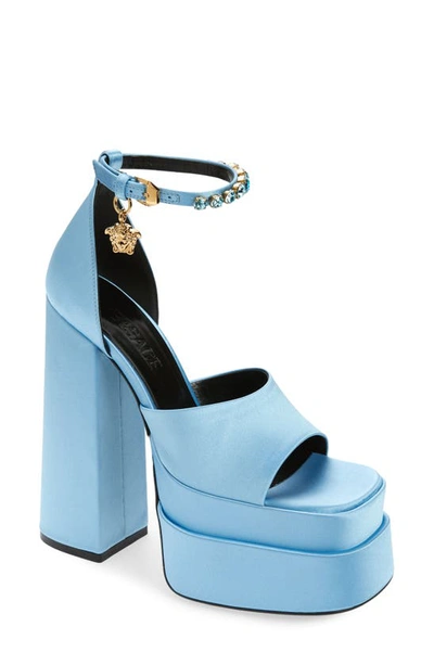 Versace Medusa Aevitas Embellished Satin Platform Sandals In Blue