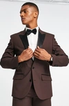 Asos Design Slim Linen Mix Suit Jacket In Burgundy-red In Brown