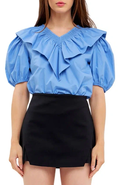 English Factory Smocked Ruffle Puff Sleeve Cotton Blouse In Blue