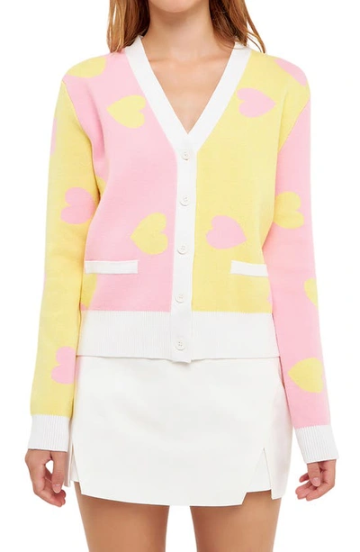 English Factory Heart Shape Cardigan In Pink/ Yellow