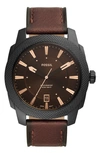 FOSSIL MACHINE LEATHER STRAP WATCH, 49MM