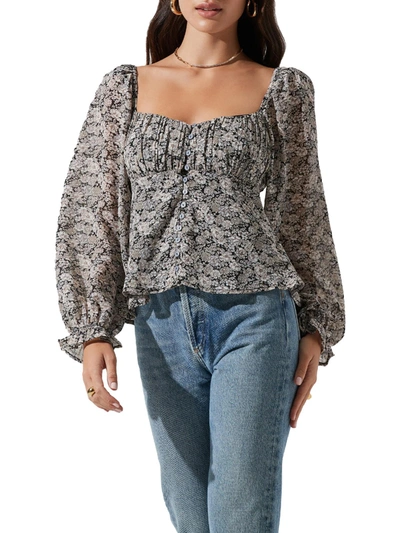 Astr Womens Floral Long Sleeves Button-down Top In Beige