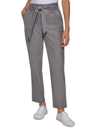 Calvin Klein Womens Faux Leather Tie-waist High-waist Pants In Grey