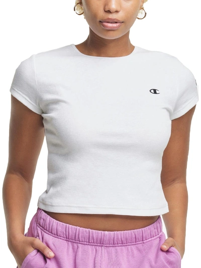 Champion Womens Cropped Ribbed Knit Pullover Top In White