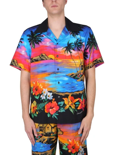 Dolce & Gabbana Silk Twill Shirt With Hawaiian Print In Blue