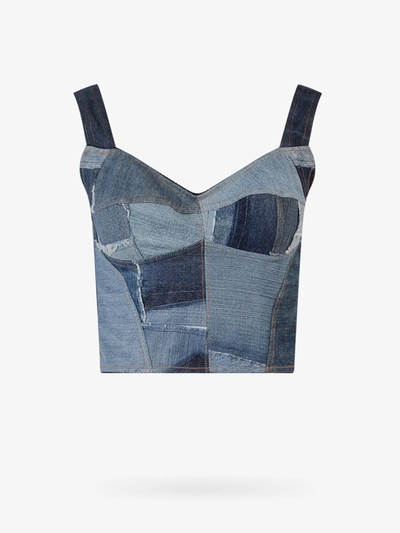 Dolce & Gabbana Blue Patchwork Cropped Top With Sweetheart Neckline In Cotton Blend Denim Woman