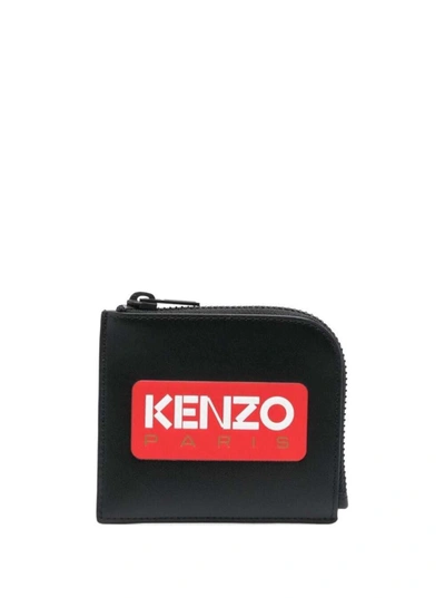 Kenzo Black Coin Purse With Logo Print In Leather Man