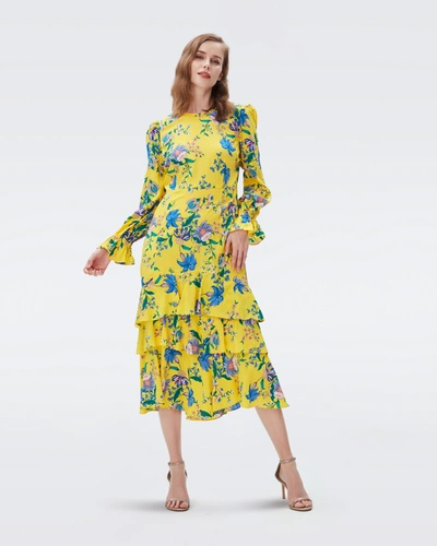 Diane Von Furstenberg Fairfax Ruffled Floral-print Crepe De Chine Midi Dress In Yellow