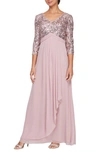 ALEX EVENINGS SEQUIN THREE-QUARTER SLEEVE EVENING GOWN