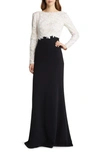 TADASHI SHOJI MIXED MEDIA LONG SLEEVE CREPE SHEATH GOWN