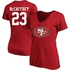 FANATICS CHRISTIAN MCCAFFREY SCARLET SAN FRANCISCO 49ERS PLUS SIZE FAIR CATCH NAME & NUMBER V-NECK T-SHIRT