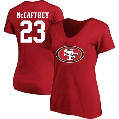 Fanatics Women's Christian Mccaffrey Scarlet San Francisco 49ers Plus Size Sleeve Stripe Name Number T-shirt