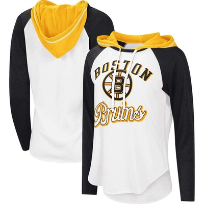 Starter G-iii Sports By Carl Banks White/heather Black Boston Bruins Mvp Raglan Lightweight Hooded T-shirt In White,black