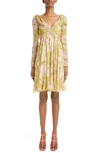 Giambattista Valli Dahlia Print Long Sleeve Silk Georgette A-line Dress In Green/ Multi