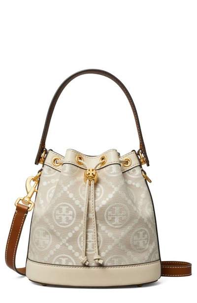 Tory Burch T Monogram Perforated Leather Mini Bucket Bag In Ivory