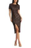 Dress The Population Natasha Sequin Sheath Midi Dress In Mocha