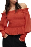 Allsaints Lara Shirred Off-the-shoulder Peplum Top In Red Clay
