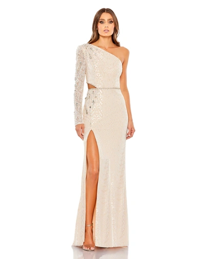 Mac Duggal Embellished One Sleeve Cut Out Gown In Ivory Nude