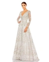Mac Duggal Embellished Wrap Over Illusion Long Sleeve A-line Dress In Pastel Multi