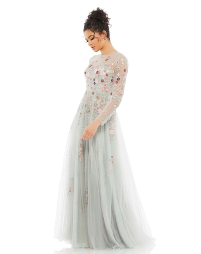MAC DUGGAL GRAY EMBROIDERED ILLUSION HIGH NECK LONG SLEEVE A LINE GOWN