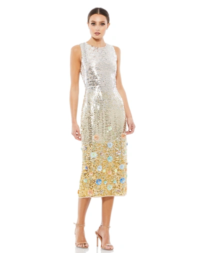 Mac Duggal Metallic Ombré Floral Embellished Sleeveless Midi Dress In Silver Multi