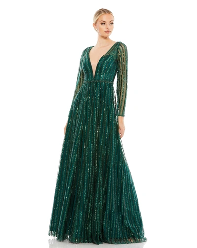 Mac Duggal Plunging Striped Sequin Long Sleeve Gown In Emerald
