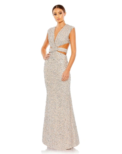 Mac Duggal Sequined Cap Sleeveless Plunge Neck Cut Out Gown In Nude Silver