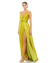Mac Duggal Wrap Front Pleated Satin Gown In Chartreuse