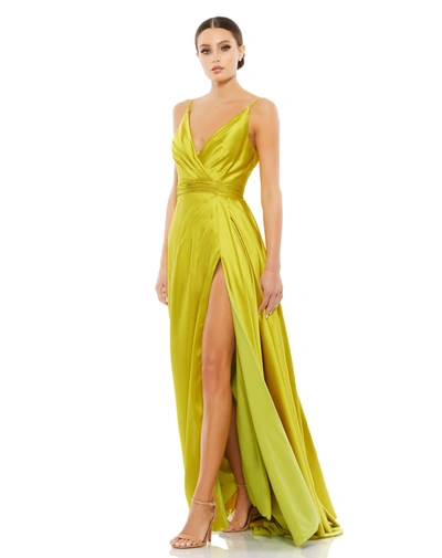 MAC DUGGAL GREEN SLEEVELESS FAUX WRAP DRAPED GOWN