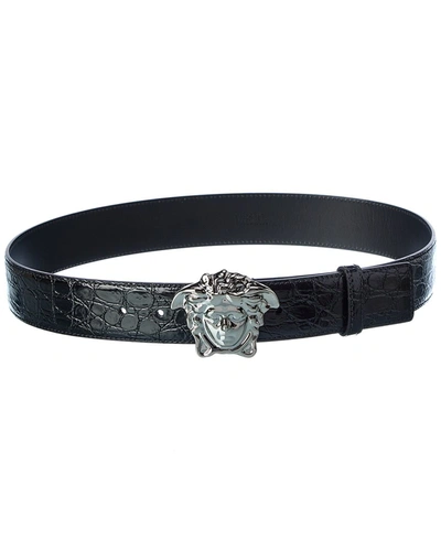 Versace La Medusa Croc-embossed Leather Belt In Black