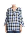 STATUS BY CHENAULT WOMENS PLAID RUFFLE SLEEVES HENLEY TOP