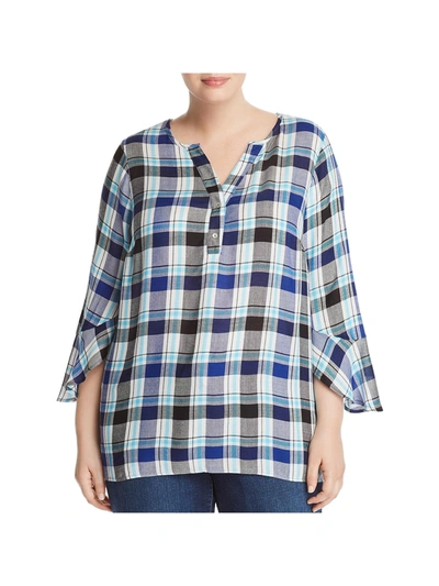 Status By Chenault Womens Plaid Ruffle Sleeves Henley Top In Blue