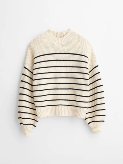 Alex Mill Stripe Button Back Cotton Crewneck Sweater In White