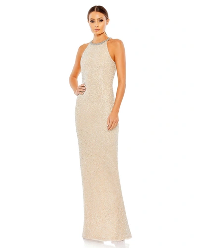 Mac Duggal Beaded Sleeveless High Neck Column Gown In Nude Silver
