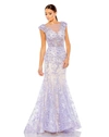 MAC DUGGAL EMBELLISHED CAP SLEEVE COWL NECK TRUMPET GOWN